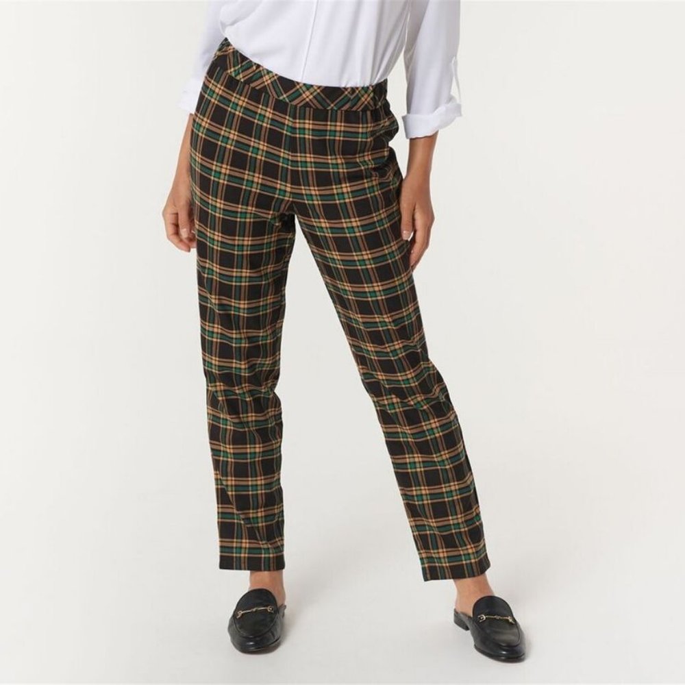 NWT‎ JOAN RIVERS PULL ON PLAID ANKLE PANTS BROWN/GOLD 2